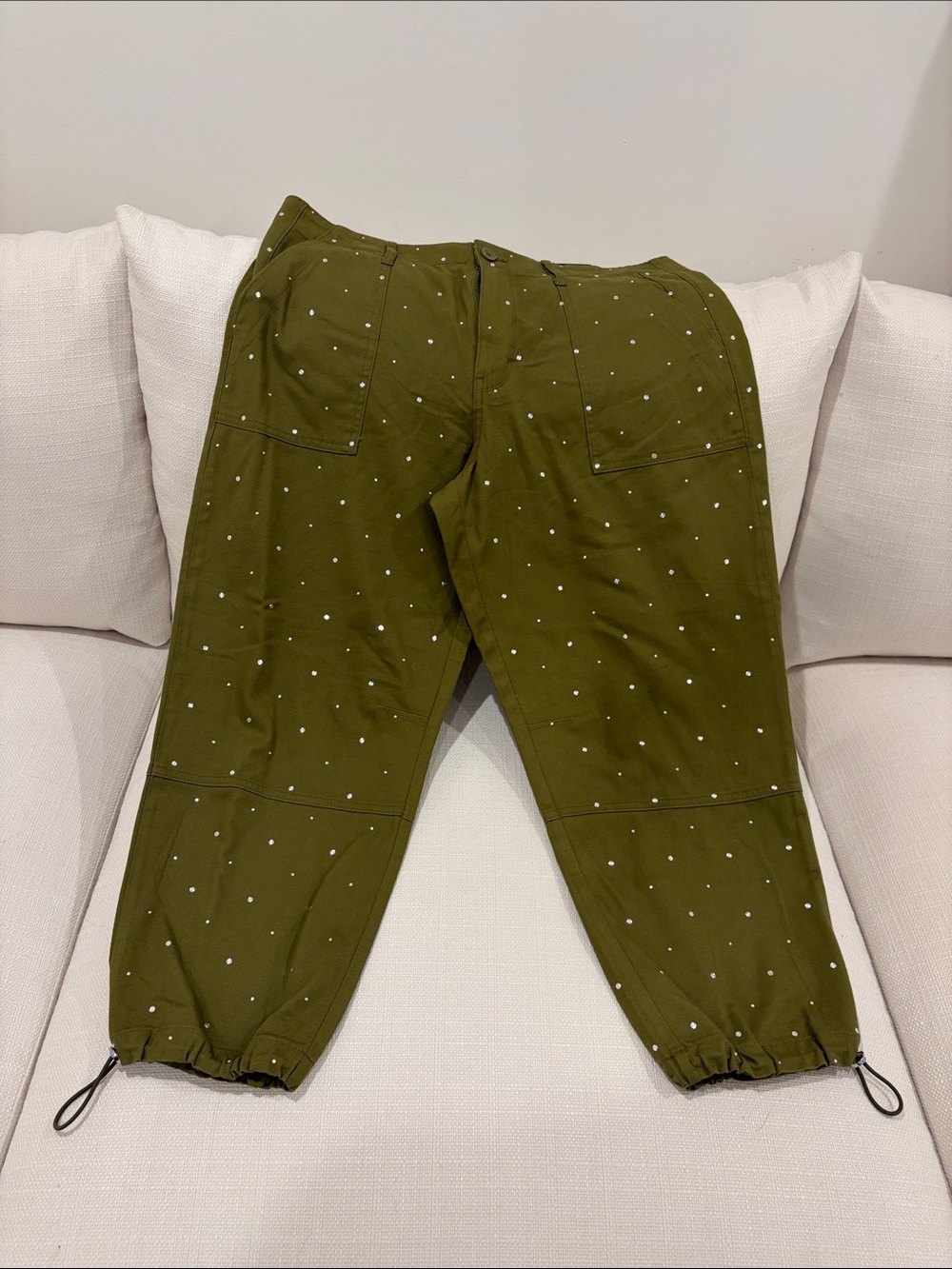 White House Black Market Olive Green Drawstring Hem Polka Dot Pants
